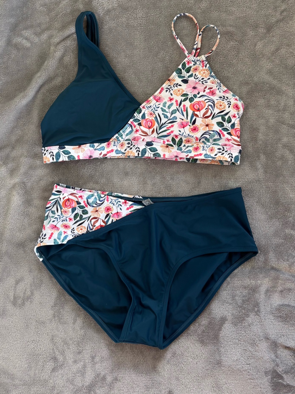 Cupshe Teal Colorblock Floral Bikini Set - High-Waisted - Size L
